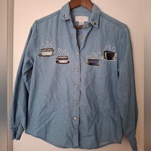 Vintage Christopher & Banks Light Blue Denim Shirt Size Small Coffee Embroidered